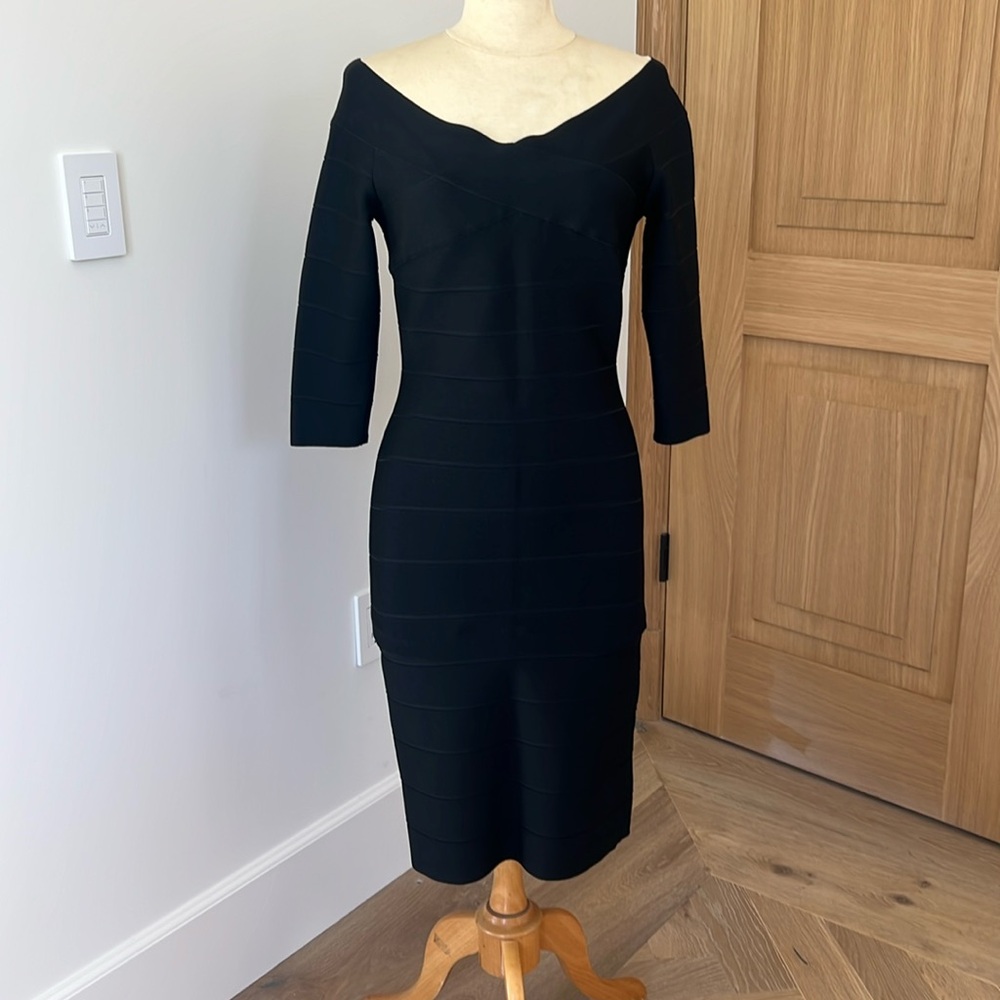 Herve Leger Black Off-Shoulder Long Sleeve Dress